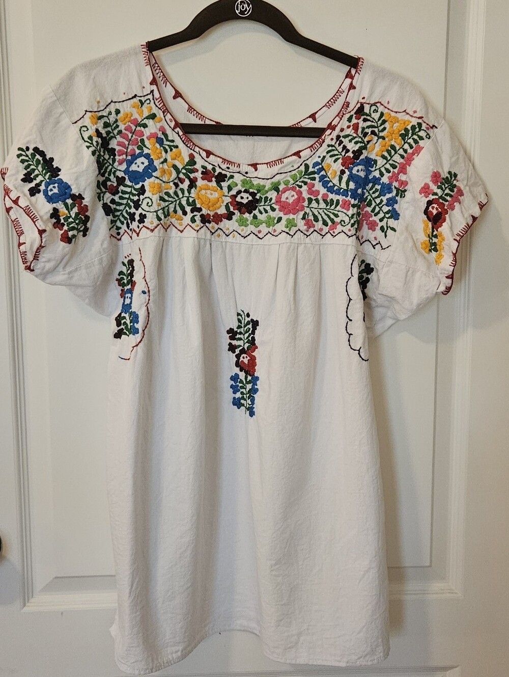 Handmade Embroidered Peasant Top - White with Multicolor Floral Embroidery